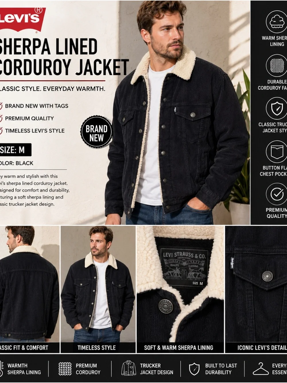 Levi's Black Sherpa-Lined Corduroy Bomber Jacket